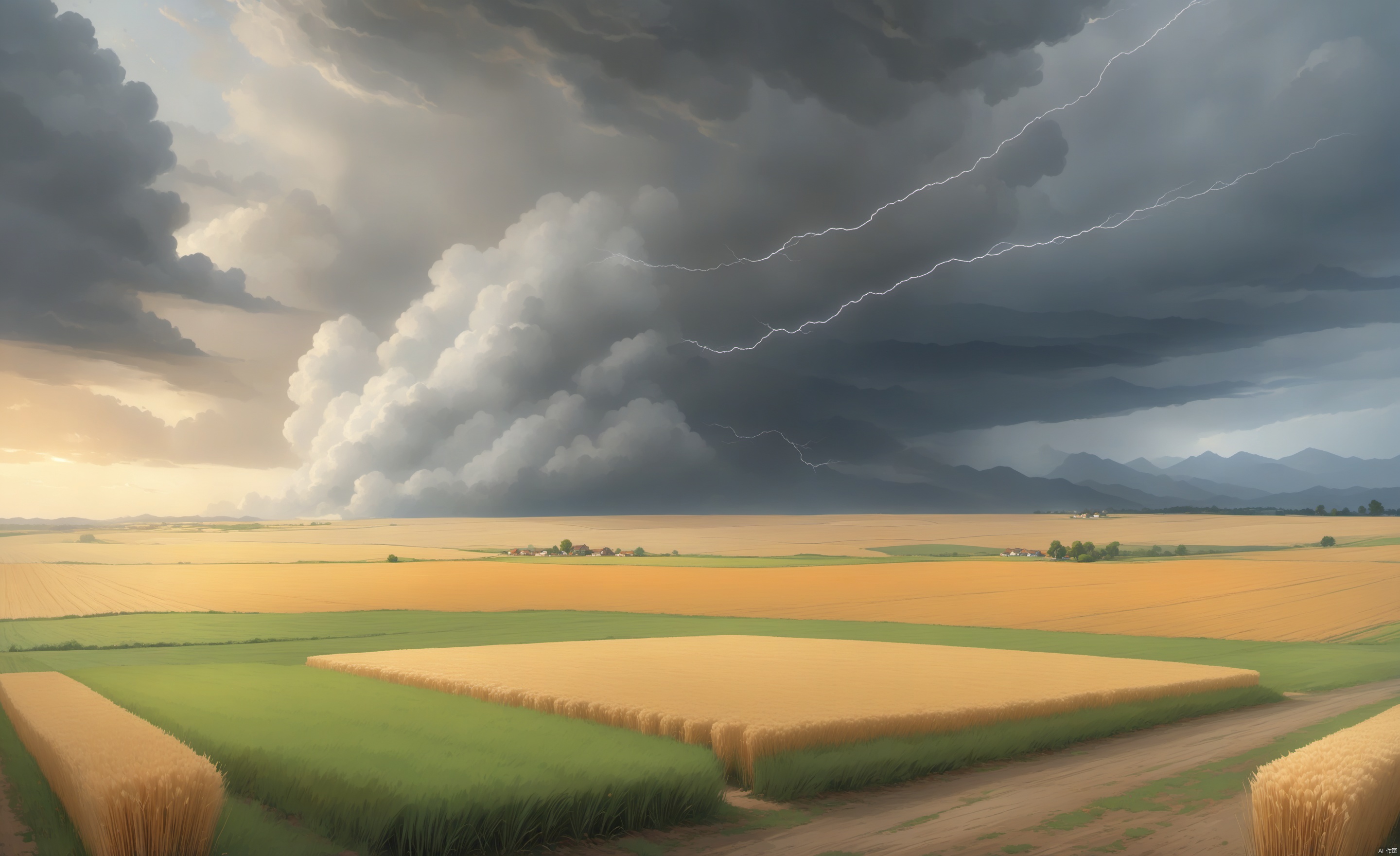 downburst cloud Asperitas clouds_1.3, Background gold Wheat Field, Accompanied by orange lightning and heavy rain, Cloudy day, landscape,乡村