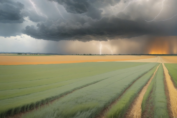  downburst cloud Asperitas clouds_1.3, Background gold Wheat Field, Accompanied by orange lightning and heavy rain, Cloudyday,landscape,乡村