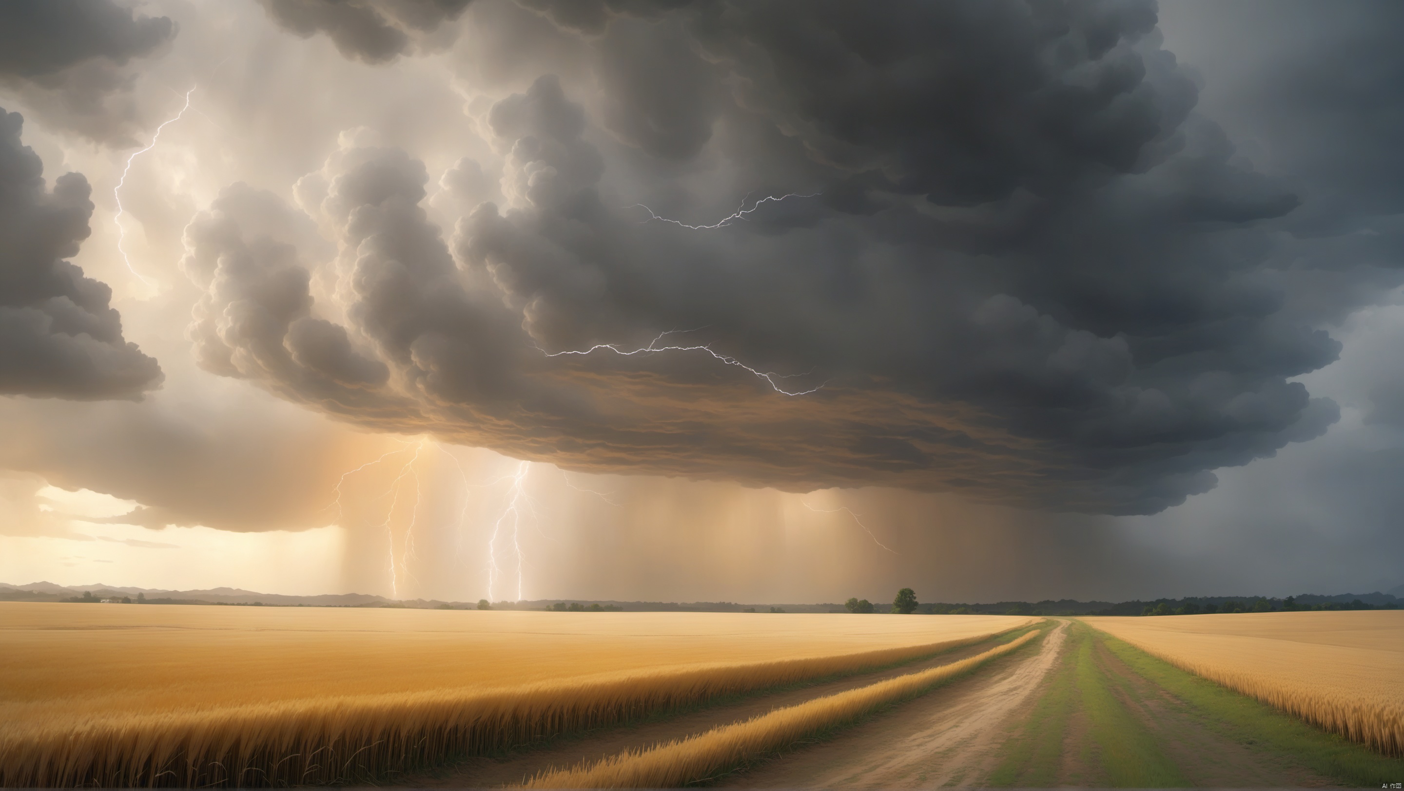  downburst cloud Asperitas clouds_1.3, Background gold Wheat Field, Accompanied by orange lightning and heavy rain, Cloudy day,landscape,乡村