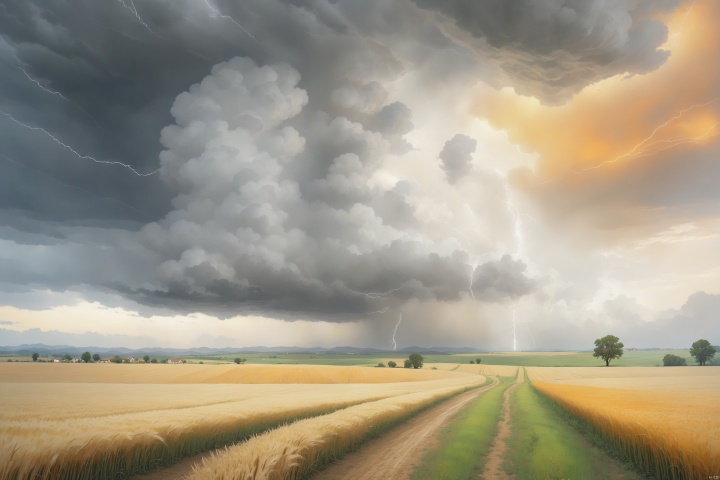  downburst cloud Asperitas clouds_1.3, Background gold Wheat Field, Accompanied by orange lightning and heavy rain, Cloudyday,landscape,乡村