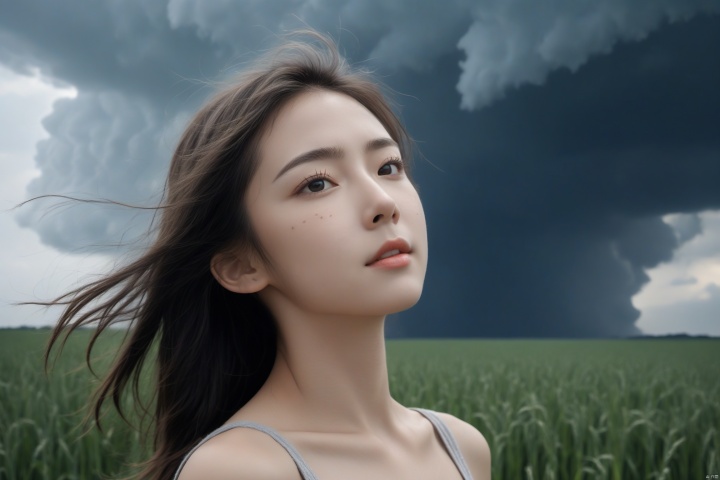  Cloudy day, photo of cute age 27 girl, There are freckles removal on the face, The facial details are clear, No makeup Japan, gray hair, freckles sexy, beautiful, close, Background green Wheat Field, there is a big black cat in the middle, (downburst cloud on sky:1.3), Highest quality, ultra-high definition, masterpieces, 8k quality, Prospect