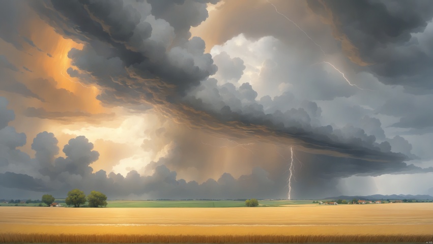  downburst cloud Asperitas clouds_1.3, Background gold Wheat Field, Accompanied by orange lightning and heavy rain, Cloudy day,landscape,乡村