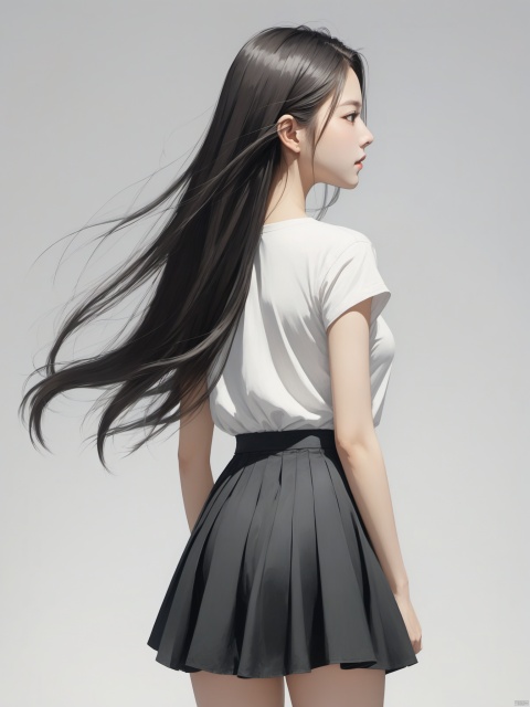  1gir, Back view, black skirt, sliver long hair with wind flow