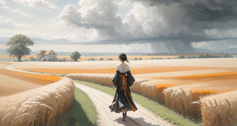 1gir, Back view, black skirt, Extreme far from cam, through a soft-focus lens, downburst cloud Asperitas clouds_1.3, Background gold Wheat Field, (Storm), Accompanied by orange lightning and heavy rain, Cloudy day, landscape, The trees are in the distance, Rural area,乡村, arien_hanfu