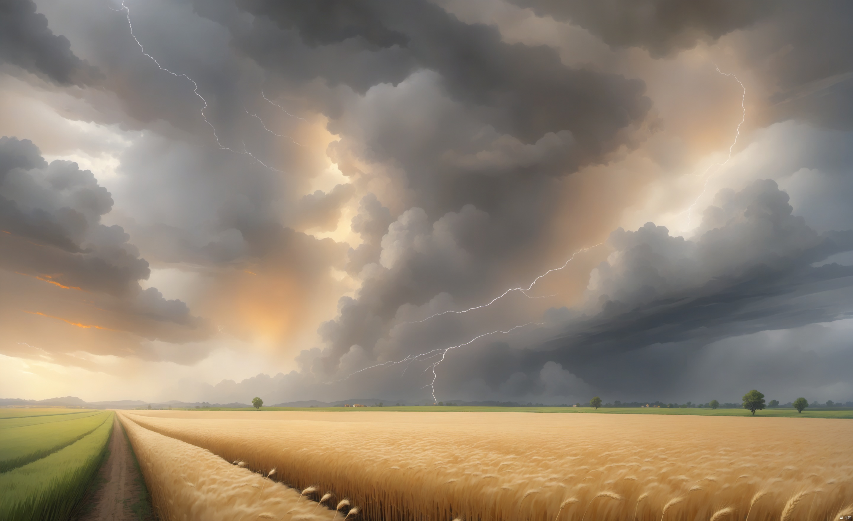 downburst cloud Asperitas clouds_1.3, Background gold Wheat Field, Accompanied by orange lightning and heavy rain, Cloudy day, landscape,乡村