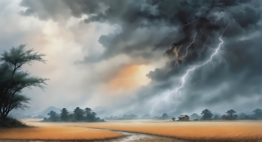 downburst cloud Asperitas clouds_1.3, Background gold Wheat Field, (rain Storm), Accompanied by orange lightning and heavy rain, Cloudy day, landscape, The trees are in the distance, Ruralarea, guohua, Illustration