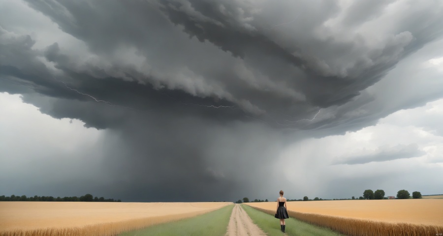 1gir, 17years old, Back view, black skirt, Stand far away, through a soft-focus lens, downburst cloud Asperitas clouds_1.3, Background gold Wheat Field, (Storm), Accompanied by orange lightning and heavy rain, Cloudy day, landscape, The trees are in the distance, Ruralarea,乡村