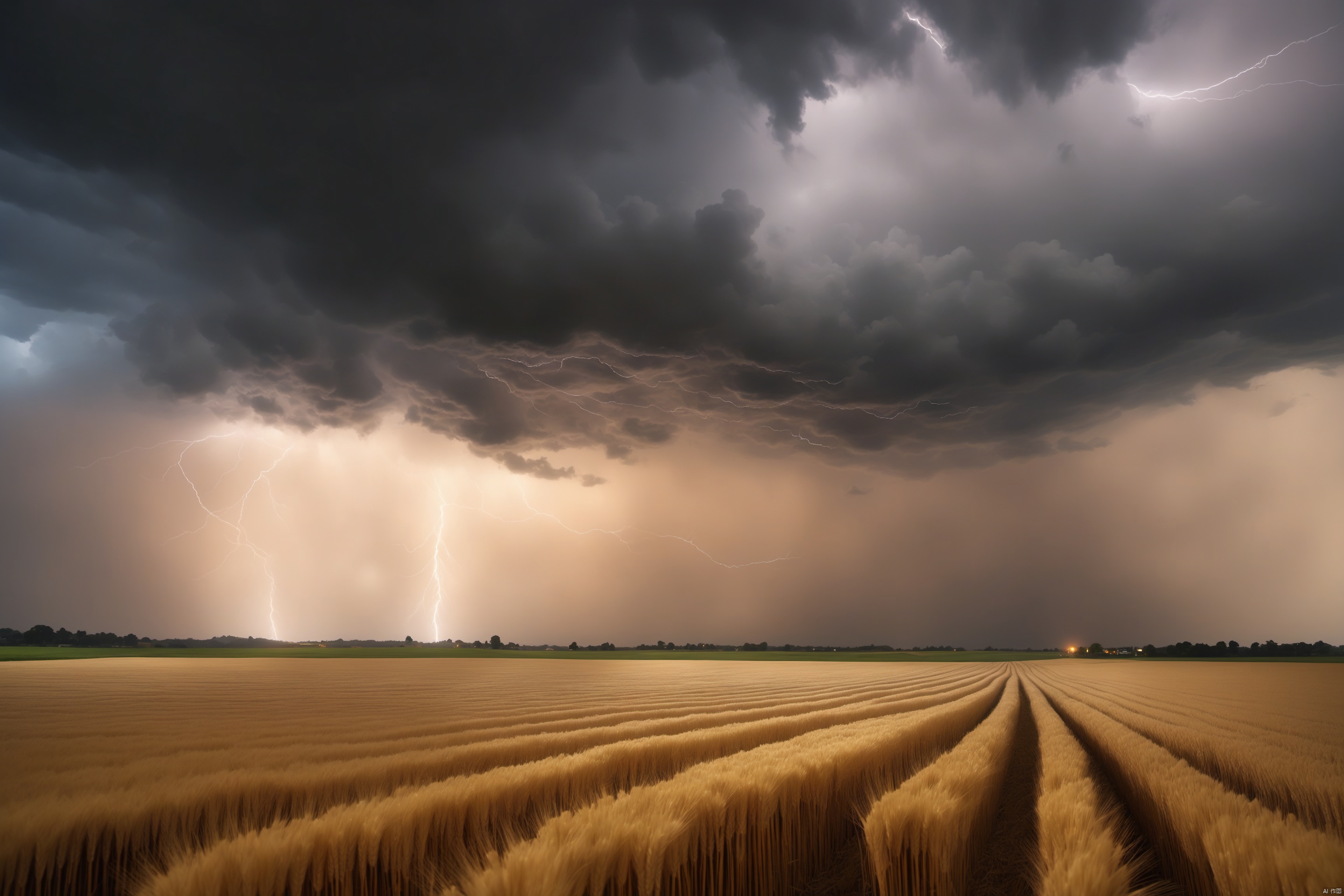 downburst cloud Asperitas clouds_1.3, Background gold Wheat Field, Accompanied by orange lightning and heavy rain, Cloudy day, landscape,乡村