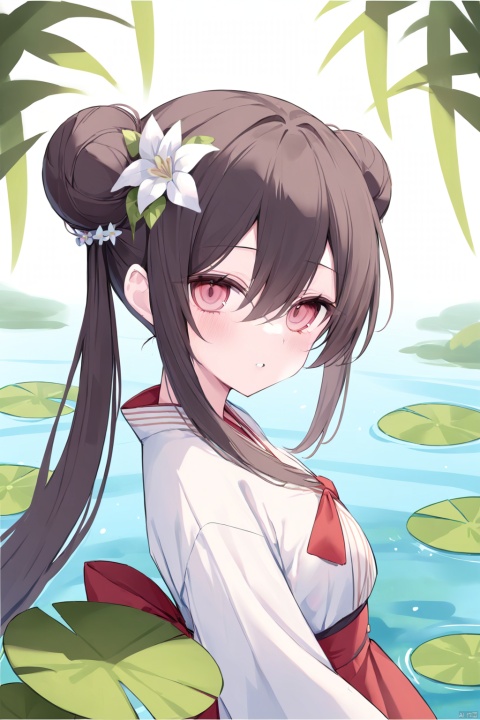 (masterpiece),(bestquality),
1girl, solo, long hair, looking at viewer, blush, bangs, skirt, brown hair, black hair, hair ornament, red eyes, long sleeves, hair between eyes, twintails, very long hair, white shirt, flower, sidelocks, outdoors, parted lips, japanese clothes, day, hair flower, pink eyes, water, hair bun, from side, looking to the side, double bun, red skirt, leaf, white flower, lily pad,ringed eyes,heyiling