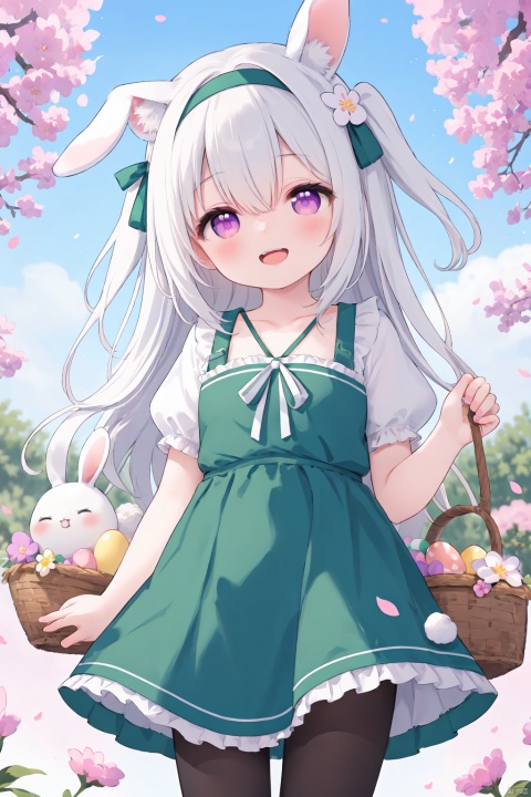 masterpiece,best quality,loli,1girl, solo, :d, animal, bangs, blue dress, blush, bunny, cherry blossoms, dress, flower, hair ribbon, holding, holding animal, long hair, looking at viewer, open mouth, petals, pink flower, purple eyes, ribbon, silver hair, smile, two side up, very long hair, white dress, white flower, hair between eyes, standing, collarbone, white hair, short sleeves, pantyhose, hairband, frills, head tilt, black pantyhose, feet out of frame, fake animal ears, frilled dress, green dress, rabbit, knees together feet apart, green ribbon, basket, egg, string of flags, aqua ribbon, easter egg, easter