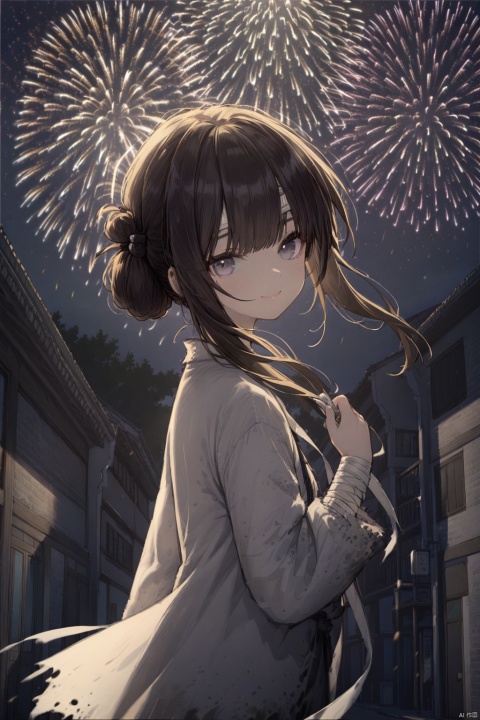(masterpiece),(bestquality),nai3
updo hair, Tie one side hair, bandage on forehead, Sideburns hair, 1girl, solo, fireworks, night, looking at viewer, outdoors, bangs, building, single hair bun, sky, long sleeves, night sky, aerial fireworks, closed mouth, smile, looking to the side, sidelocks, black hair, upper body, bandage, grey eyes, sui