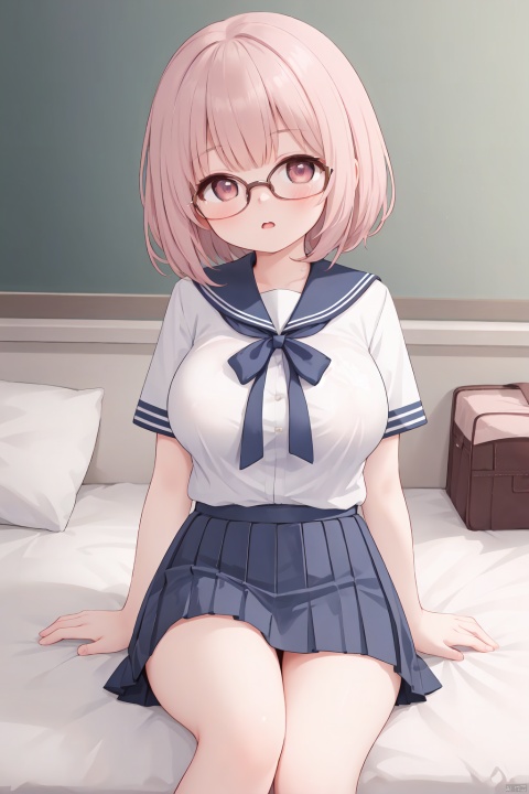 best quality, masterpiece, ultra high res,1girl, big breast, looking at viewer,pure color background, JK, 1 girl, glasses, short hair, school uniform, skirt, sitting on bed, yosshi film