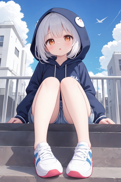 1girl,blue sky,blurry background,building,city,cloud,cloudy sky,day,depth of field,hood,hooded jacket,hoodie,jacket,side,Orange Hoodie,Looking up,Shoes close to the camera,From below,full body,lips,long sleeves,looking at viewer,motion blur,outdoors,parted lips,railing,shoes,shorts,sitting,sky,sneakers,solo,stairs,