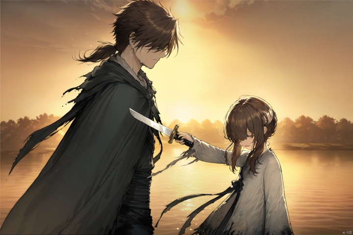 (masterpiece),(bestquality),nai3
updo hair, sidelocks, bandage on forehead, Sideburns hair, 1girl, 1boy, brown hair, weapon, sword, holding, holding weapon, outdoors, cape, hair over eyes, water, crying, torn clothes, lake, bangs, tears, outstretched arm, long sleeves, bandage, sui