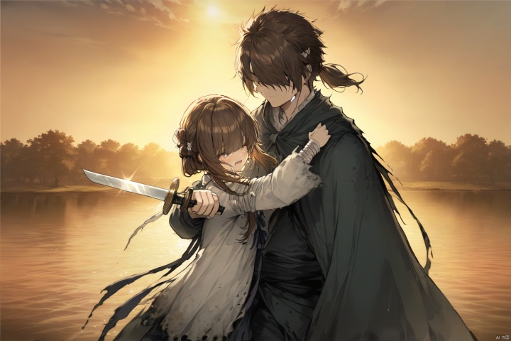 (masterpiece),(bestquality),nai3
updo hair, sidelocks, bandage on forehead, Sideburns hair, 1girl, 1boy, brown hair, weapon, sword, holding, holding weapon, outdoors, cape, hair over eyes, water, crying, torn clothes, lake, bangs, tears, outstretched arm, long sleeves, bandage, sui