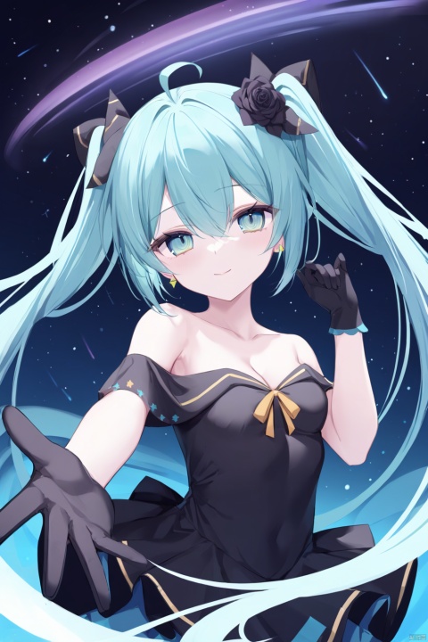 (masterpiece),(bestquality),
1girl, hatsune miku, solo, best quality, aesthetic, detailed, black background, starry background, looking at viewer, outstretched arm, reaching towards viewer, smile, closed mouth, hair between eyes, half-closed eyes, very long hair, floating hair, aqua hair, blue hair, twintails, hair flower, bangs, ahoge, small breasts, cleavage, collarbone, black gloves, black dress, off-shoulder dress, bare shoulders, earrings, black rose, arm up, hand up, star \(sky\), space, shooting star, night sky, starry sky print, constellation, milky way, galaxy, earth \(planet\), light particles, aurora, full moon, fireworks, crescent moon, moonlight, signature, city lights,ringed eyes,heyiling