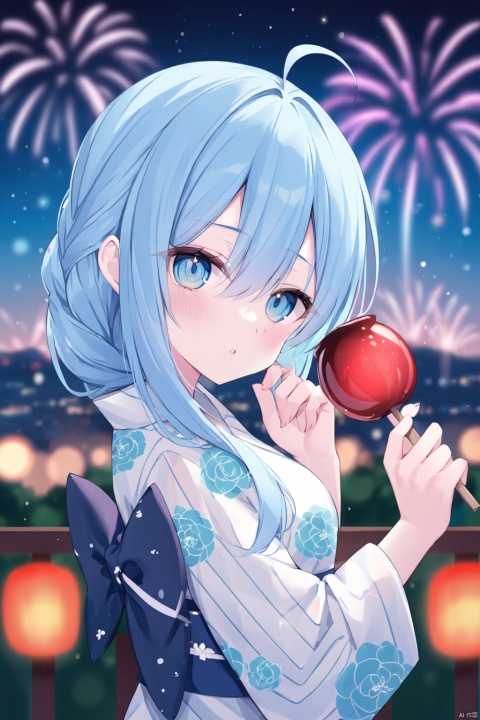 (masterpiece),(bestquality),
1girl, solo focus, best quality, blurry background, upper body, looking at viewer, holding food, blush, blue eyes, hair between eyes, eyebrows visible through hair, long hair, blue hair, braid, bangs, ahoge, print kimono, white kimono, long sleeves, wide sleeves, candy apple, floral print, yukata, obi, outdoors, hands up, blurry foreground, star \(sky\), starry sky, summer festival, night sky, aerial fireworks, light particles, city lights, bokeh,ringed eyes,heyiling