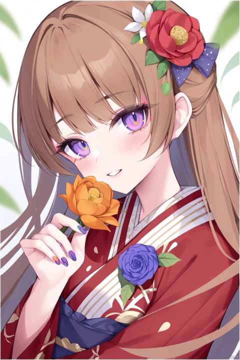 (masterpiece),(bestquality),
1girl, solo, best quality, detailed, upper body, looking at viewer, holding flower, blush, smile, parted lips, multicolored eyes, purple eyes, eyebrows visible through hair, makeup, long hair, brown hair, hair flower, bangs, print kimono, red kimono, nail polish, blue nails, purple nails, fingernails, nail art, pink nails, multicolored nails, green nails, orange nails, paper crane, leaf, red rose, yellow rose, purple rose, bouquet, blue rose, orange flower, camellia, pink rose,ringed eyes,heyiling