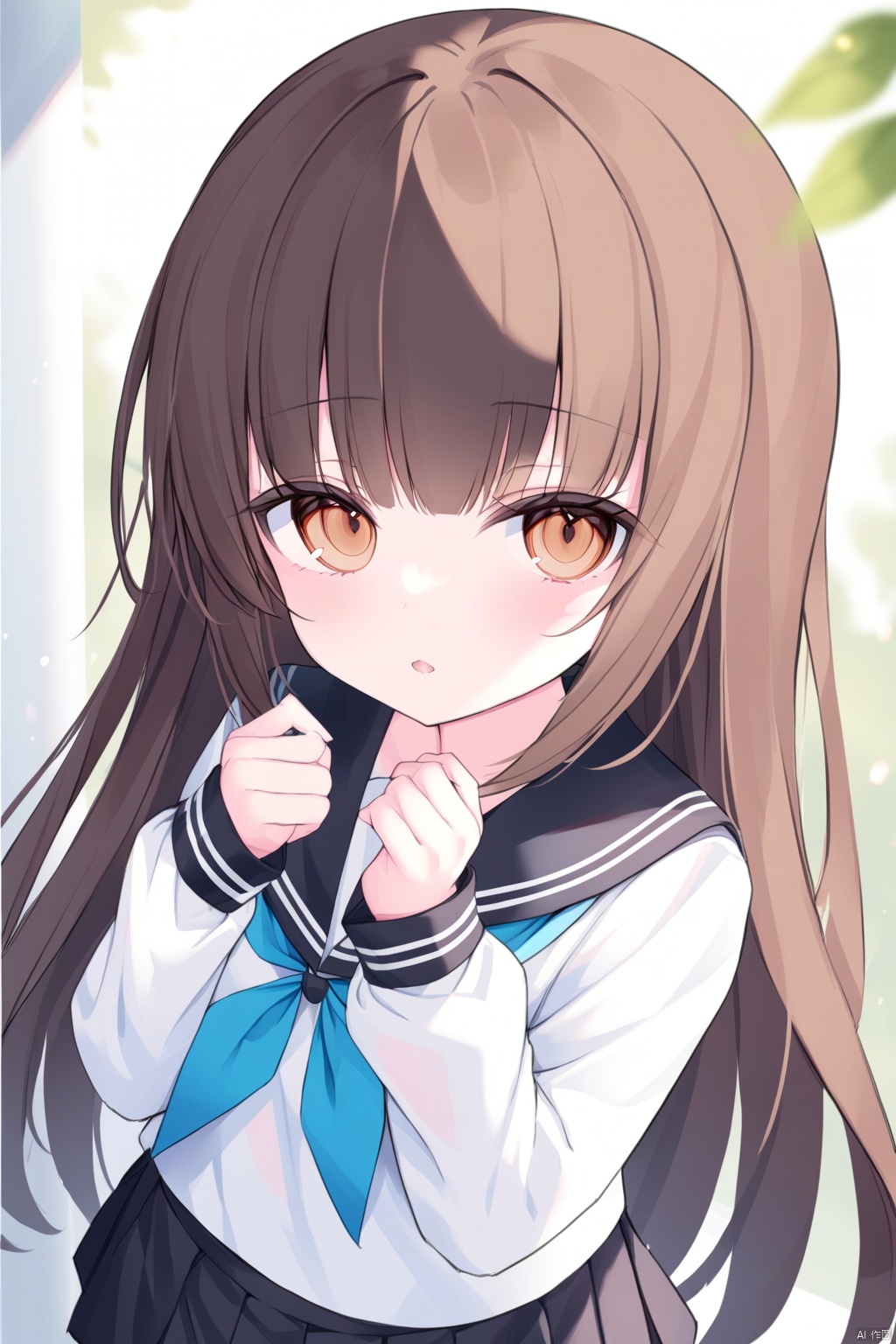 1girl, solo, long hair, looking at viewer, bangs, skirt, brown hair, shirt, long sleeves, brown eyes, school uniform, standing, white shirt, upper body, pleated skirt, parted lips, serafuku, day, black skirt, sailor collar, neckerchief, hands up, black sailor collar, blue neckerchief, loli
