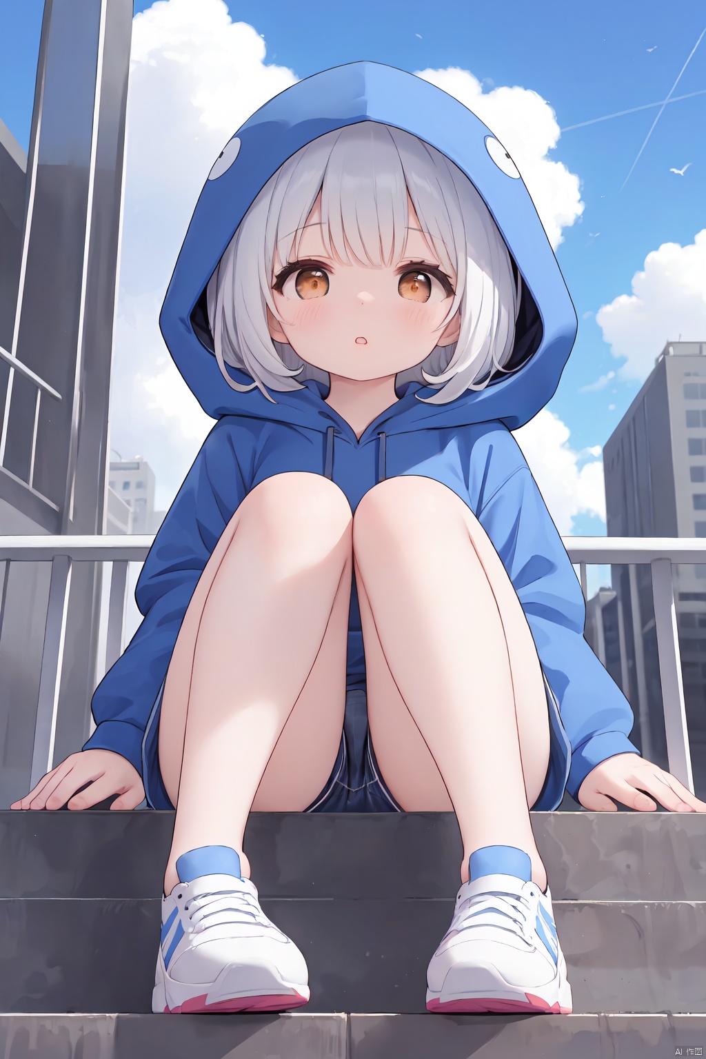 1girl,blue sky,blurry background,building,city,cloud,cloudy sky,day,depth of field,hood,hooded jacket,hoodie,jacket,side,Orange Hoodie,Looking up,Shoes close to the camera,From below,full body,lips,long sleeves,looking at viewer,motion blur,outdoors,parted lips,railing,shoes,shorts,sitting,sky,sneakers,solo,stairs,