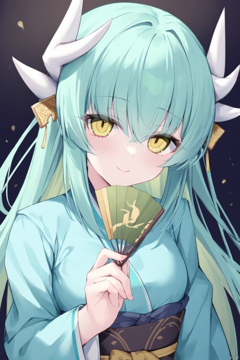 (masterpiece),(bestquality),
1girl,kiyohime \(fate\),solo,best quality,detailed,upper body,looking at viewer,holding fan,smile,dragon horns,closed mouth,yellow eyes,green eyes,hair between eyes,eyebrows visible through hair,long hair,green hair,aqua hair,bangs,kimono,wide sleeves,obi,folding fan,dragon girl,shaded face,shirt, heyiling, ringed eyes