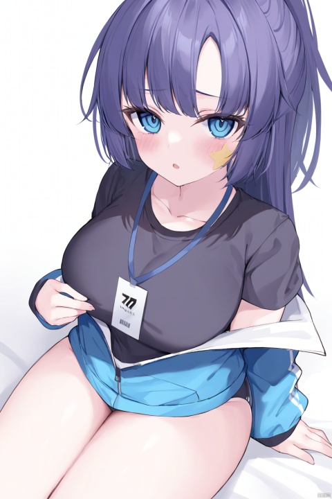 (masterpiece),(bestquality),
1girl, yuuka \(blue archive\), solo, breasts, looking at viewer, white background, purple hair, blue eyes, blush, blue jacket, black shirt, bangs, ponytail, thighs, long hair, collarbone, large breasts, star \(symbol\), sticker on face, sitting, id card, partially unzipped, open clothes, long sleeves, gym uniform, lanyard, parted lips, heyiling, ringed eyes
