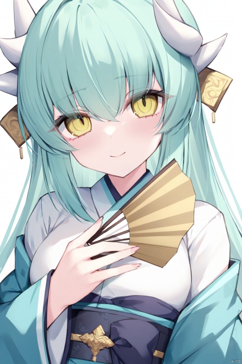 (masterpiece),(bestquality),
1girl,kiyohime \(fate\),solo,best quality,detailed,upper body,looking at viewer,holding fan,smile,dragon horns,closed mouth,yellow eyes,green eyes,hair between eyes,eyebrows visible through hair,long hair,green hair,aqua hair,bangs,kimono,wide sleeves,obi,folding fan,dragon girl,shaded face,shirt, heyiling, ringed eyes