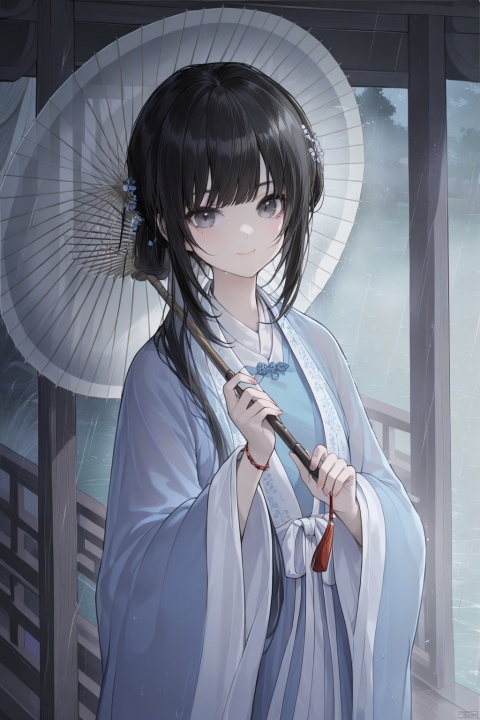 (masterpiece),(bestquality),nai3
updo hair, sidelocks, Tie one side hair, Sideburns hair, Han clothing, 1girl, solo, umbrella, rain, black hair, holding, holding umbrella, hanfu, chinese clothes, bangs, oil-paper umbrella, long sleeves, looking at viewer, hair flower, closed mouth, wide sleeves, smile, upper body, hair over shoulder, architecture, grey eyes, sui
