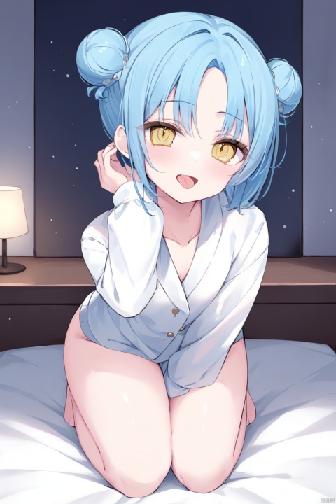(masterpiece),(bestquality),
blue hair,yellow eyes,happy,open mouth,laugh,two Bun hair,parted bangs,hair tucking,parted lips,legs together,seiza,front view,akanbe,Sticking out tongue,in the room,on_bed,bed, heyiling, ringed eyes