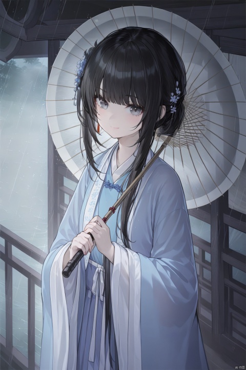 (masterpiece),(bestquality),nai3
updo hair, sidelocks, Tie one side hair, Sideburns hair, Han clothing, 1girl, solo, umbrella, rain, black hair, holding, holding umbrella, hanfu, chinese clothes, bangs, oil-paper umbrella, long sleeves, looking at viewer, hair flower, closed mouth, wide sleeves, smile, upper body, hair over shoulder, architecture, grey eyes, sui