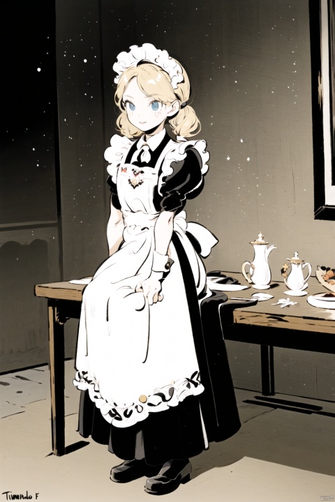  masterpiece,1girl,solo,flat,color,twintails,maid,blonde