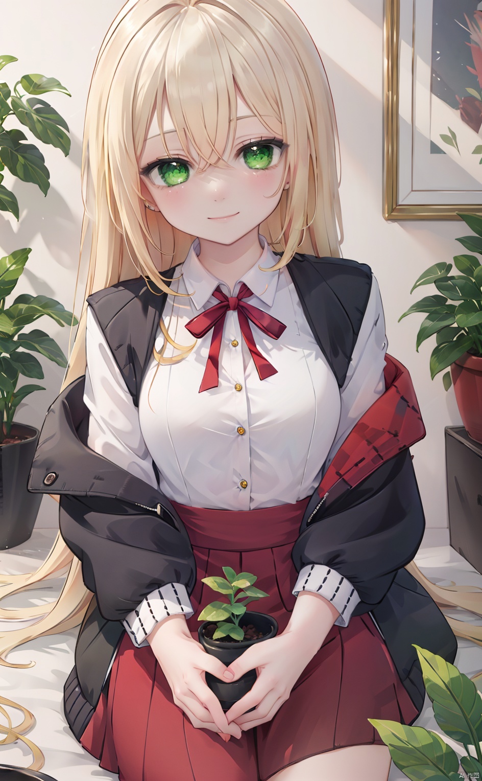 1girl, bangs, blonde_hair, bouquet, breasts, flower, flower_pot, green_eyes, hair_between_eyes, holding, holding_flower, indoors, jacket, long_hair, looking_at_viewer, plant, potted_plant, purple_flower, red_jacket, ribbon, smile, solo, vase, watering_can