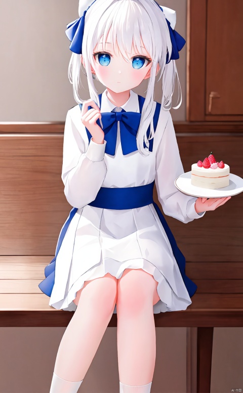 masterpiece,8k,best quality,1girl,solo,((depth of field)),bowknot,light,white socks,enmaided,cake,white hair