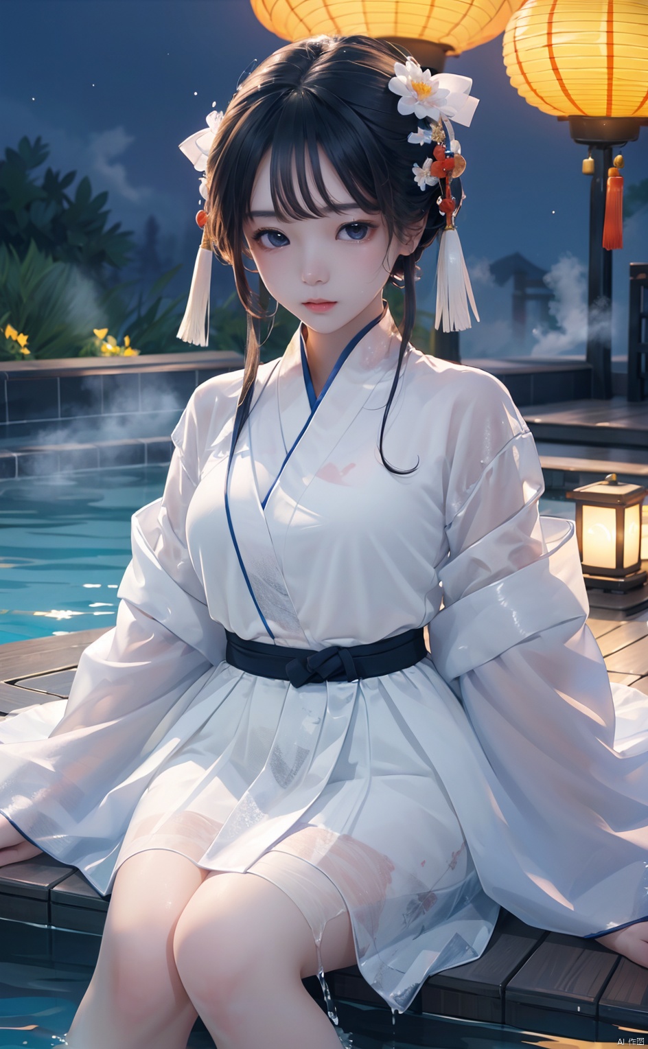 High quality, masterpiece, cinematic texture, Chinese elements, 1 girl bathing in the pool, (wrapped in a gauze: 1.2), (with a large amount of water vapor on the surface), (hot spring), lantern, night,Song style Hanfu,smog,8K Ultra HD, clear and bright image quality, highly refined, extremely fine, chang, （\personality\）