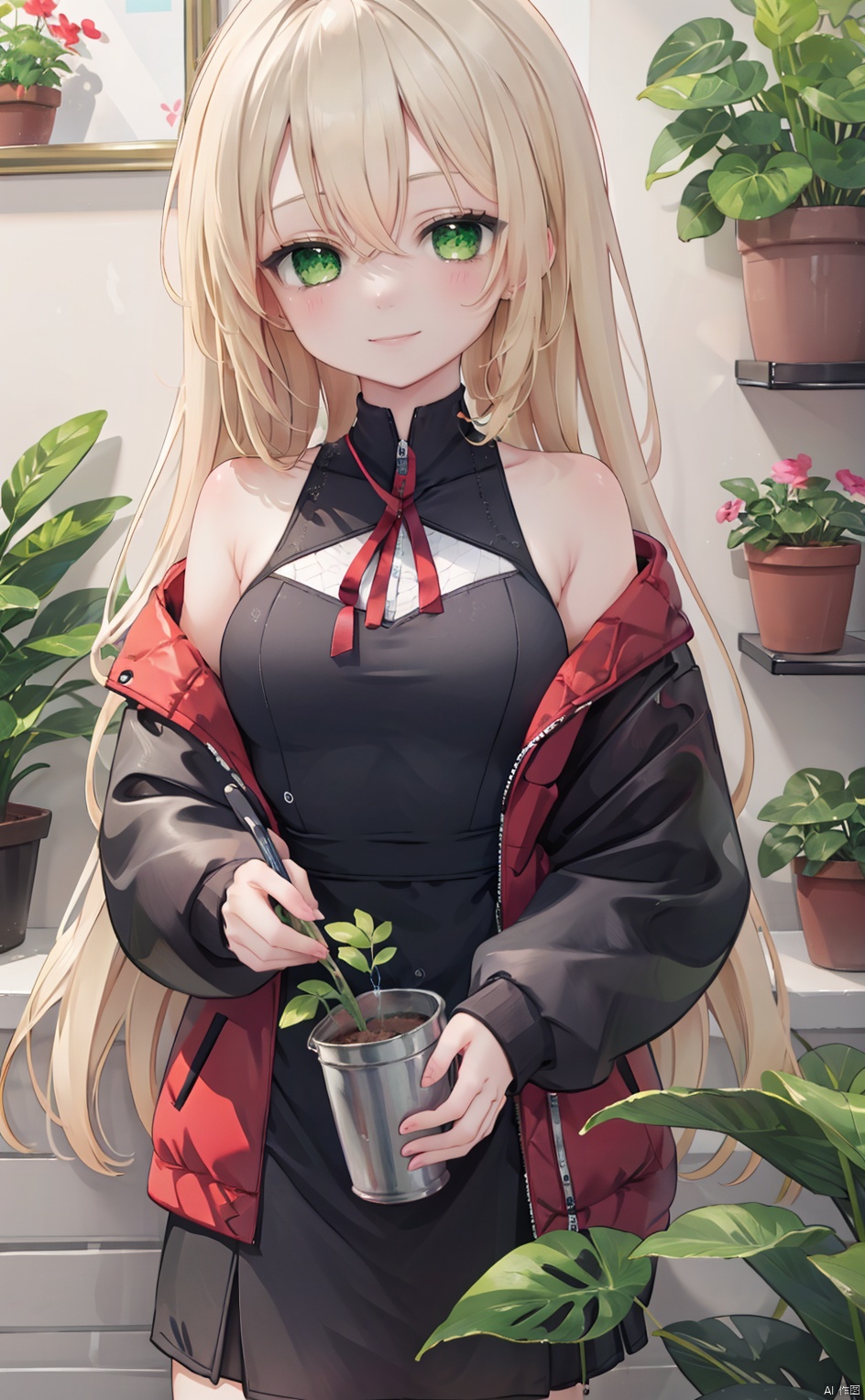 1girl, bangs, blonde_hair, bouquet, breasts, flower, flower_pot, green_eyes, hair_between_eyes, holding, holding_flower, indoors, jacket, long_hair, looking_at_viewer, plant, potted_plant, purple_flower, red_jacket, ribbon, smile, solo, vase, watering_can