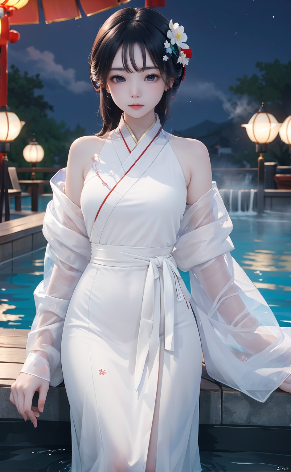 High quality, masterpiece, cinematic texture, Chinese elements, 1 girl bathing in the pool, (wrapped in a gauze: 1.2), (with a large amount of water vapor on the surface), (hot spring), lantern, night,Song style Hanfu,smog,8K Ultra HD, clear and bright image quality, highly refined, extremely fine, chang, （\personality\）