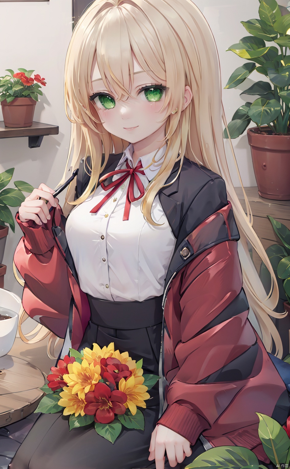 1girl, bangs, blonde_hair, bouquet, breasts, flower, flower_pot, green_eyes, hair_between_eyes, holding, holding_flower, indoors, jacket, long_hair, looking_at_viewer, plant, potted_plant, purple_flower, red_jacket, ribbon, smile, solo, vase, watering_can