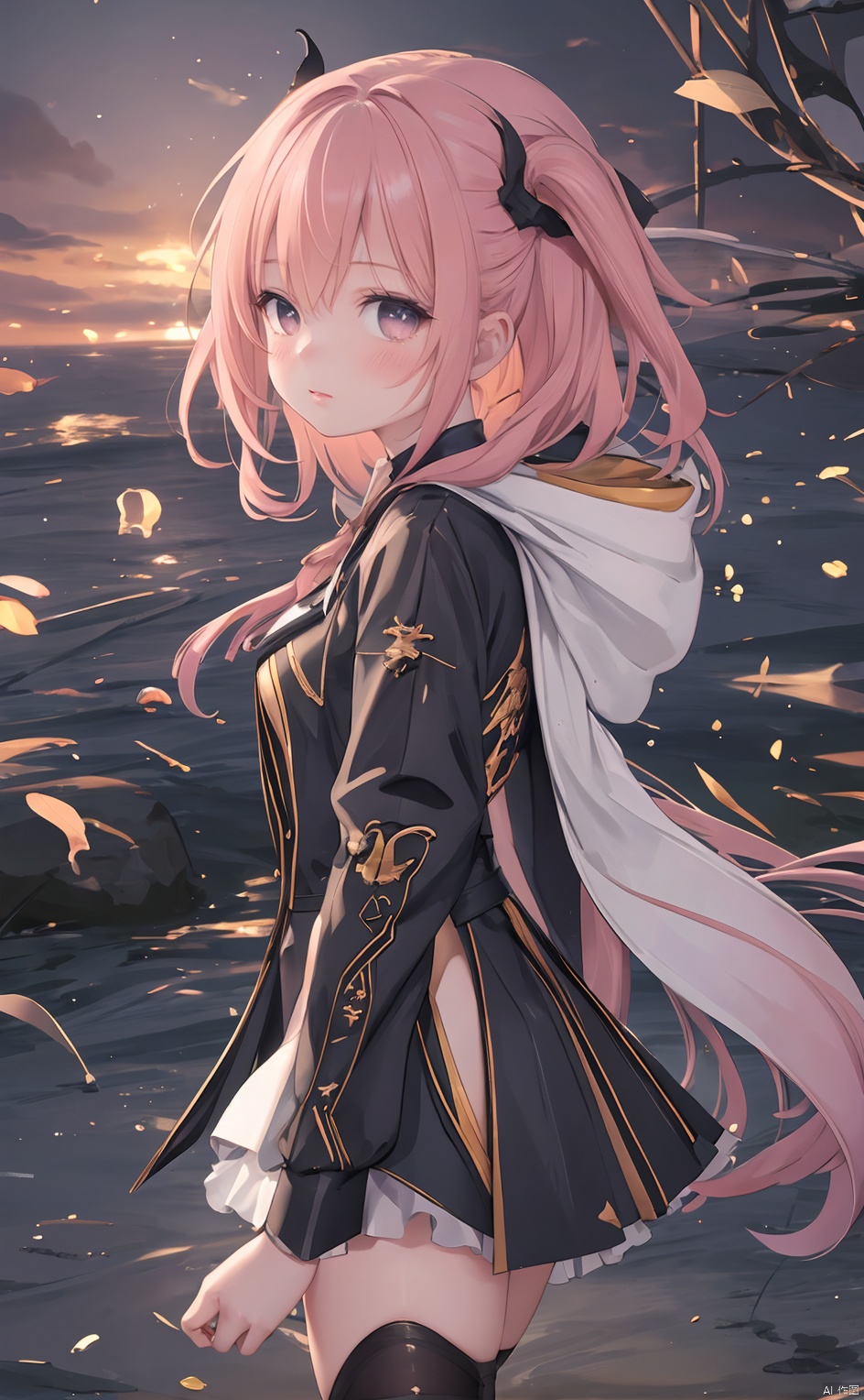 1girl, virtual youtuber, solo, best quality, aesthetic, looking at viewer, multicolored eyes, yellow pupils, pink hair, braid, hooded jacket, hood down, long sleeves, outdoors, sunset, film grain, orange sky, seagull, twilight, flock, gradient sky, red sky, evening, crow, cloudy sky, animal, profile, dusk, bat, fire, airplane, silhouette