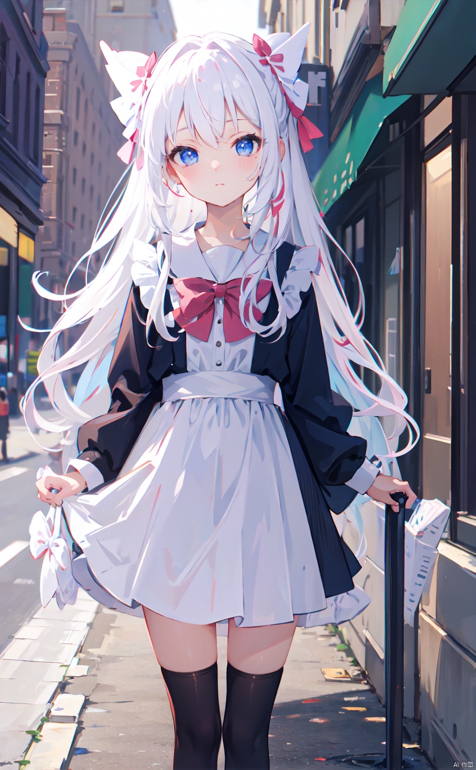 masterpiece,8k,best quality,loli,solo,white hair,((depth of field)),bowknot,long hair,light,street