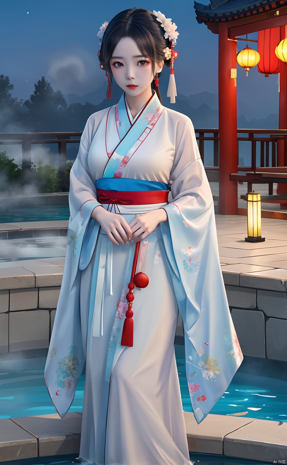 High quality, masterpiece, cinematic texture, Chinese elements, 1 girl bathing in the pool, (wrapped in a gauze: 1.2), (with a large amount of water vapor on the surface), (hot spring), lantern, night,Song style Hanfu,smog,8K Ultra HD, clear and bright image quality, highly refined, extremely fine, chang, （\personality\）