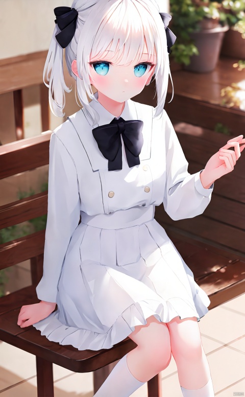 masterpiece,8k,best quality,1girl,solo,((depth of field)),bowknot,light,white socks,enmaided,cake,white hair