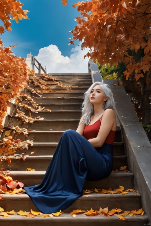A girl, dress,swimsuit, solo, sitting, sky, clouds, outdoors, white hair, bird, upward view, blue sky, daytime, building, leaves, long hair, stairs, pump Rope, bangs, cloudy sky, from_below, wide_shot, sitting under the eaves, autumn, there is always a touch of gold and red, warm sunshine, the shadow of the branches According to fall on the eaves, gently shaking his feet, and occasionally a few fallen leaves., BY MOONCRYPTOWOW, orgdress