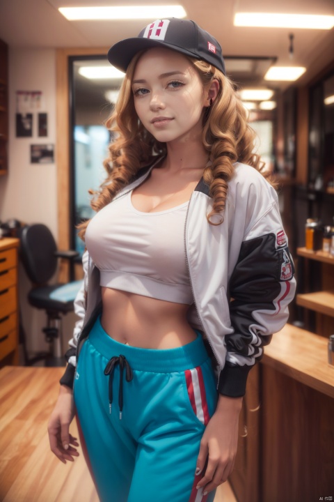 (sassy hip hop girl),(style of George Dubose:1.4),Optimism,Trendsetting,Snapback hat,bomber jacket,t-shirt,joggers,sneakers,Spiral curls,Honey blonde hair color,Top-heavy (larger bust and narrower hips),Tattoo parlor,(high detailed skin:1.2),8k uhd,dslr,soft lighting,high quality,Fujifilm XT3,look at the audience,smile,