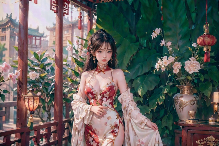  1girl,moyou, dynamic pose,earrings,clothing cutout, tassel, hair ornament, hair over one eye,parted lips,ningguanglp,ningguang_\(genshin_impact\),bare shoulders, blurry, blush, cherry blossoms, china dress, chinese clothes, claw ring, closed mouth, dress, frilled sleeves, frills, fur collar, hair ornament, hair stick, hairpin, holding, large breasts, long hair,red lips,(red eyes:1.3),white hair,very long hair,hair ornament,hairpin,bangs,red tassel, sidelocks, smile, solo, tassel, thighs, tree, masterpiece,high resolution,1girl,hanfu, Chinese Traditional cloth,ultra-detailed, female focus,(chinese style:1.2),extreme detailed,gufeng, gradient,breasts,solo, mature female, (wide hips), collarbone, pelvic curtain, detached sleeves, ,makeup,jewelry,eyeshadow, looking at viewer, bangs, ,earrings,breast curtain,long sleeves, tassel, gold trim, (highest detailed hair,hair ribbon, headband,long hair), ,scenery,chinese architecture,light particles, light rays , perfect lighting, athletic,complex artistic composition, stunning colors, bold colors, BY MOONCRYPTOWOW, watercolor, Light master