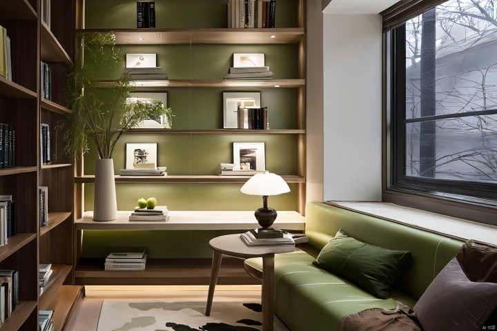 Integrating plants and books into home decoration. Such as chlorophytum comosum, green apples, etc., which are placed on the windowsill, desk or corner to add vitality to the interior. Placing some books on the bookshelf can add a bookish atmosphere to the home. Soft lighting and comfortable furniture, an ideal space for reading and relaxation.