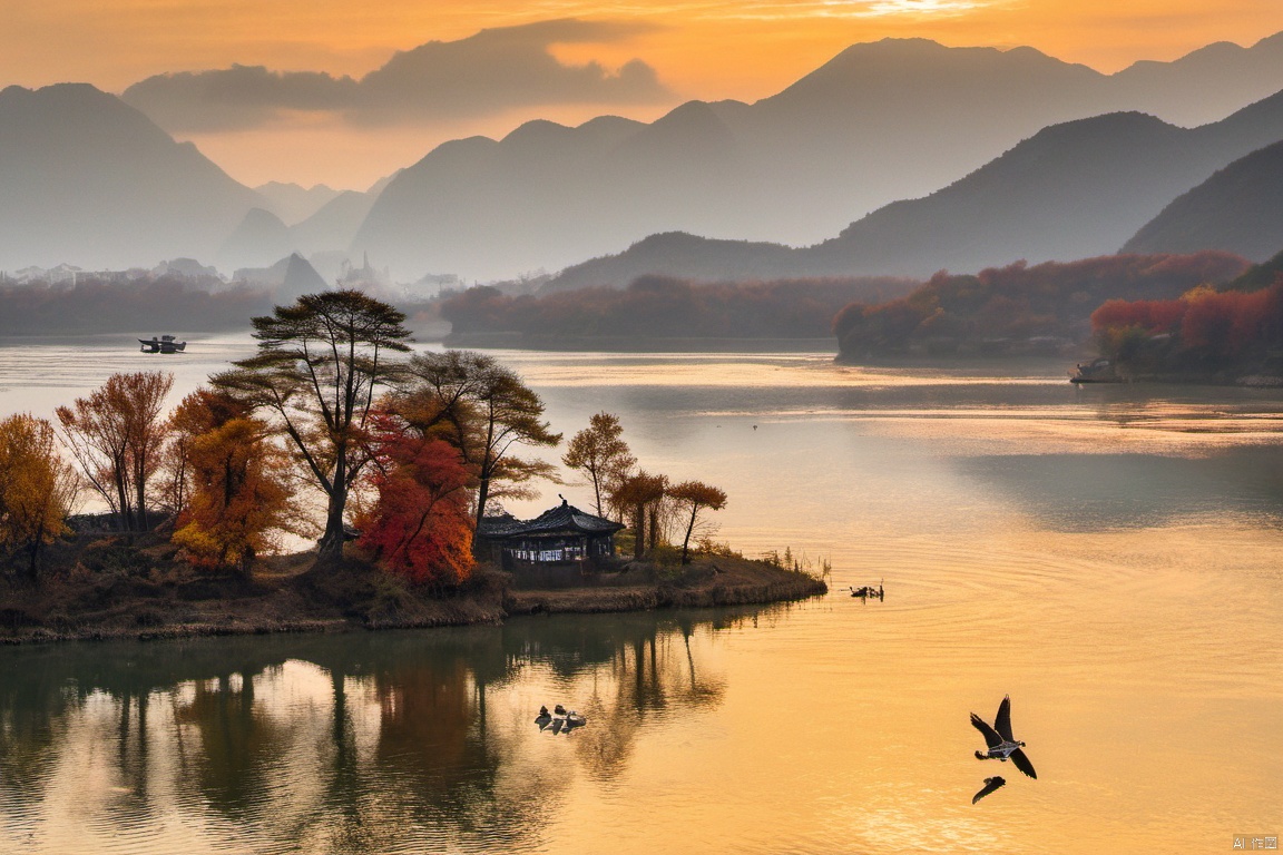 The falling clouds and the solitary owl fly together, and the autumn water becomes the same color as the sky. The fishing boat sings late, and the sound is heard on the shore of Pengli. The wild geese are frightened by the cold, and the sound is broken by the Hengyang Pu.,xingudian