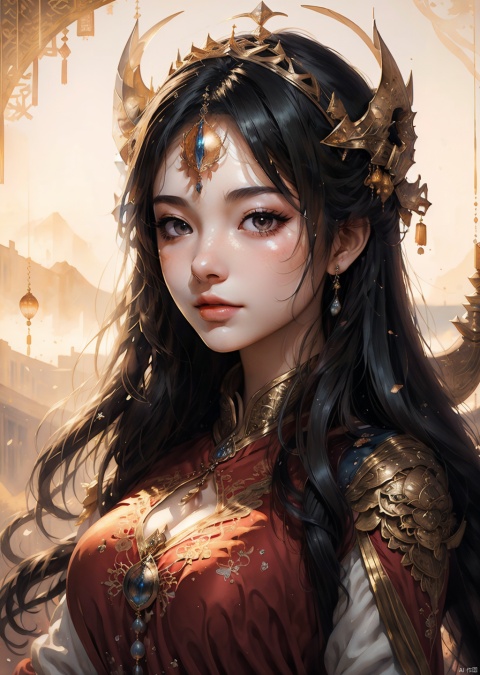  Masterpiece,Extremely_detailed,Detailed_CG_8k_wallpaper,1 girl, Ink scattering_Chinese style, drakan_longdress_dragon crown_headdress, Light master, BY MOONCRYPTOWOW, Dragon and girl, light master, 1girl, Face Score, CGArt Illustrator, watercolor