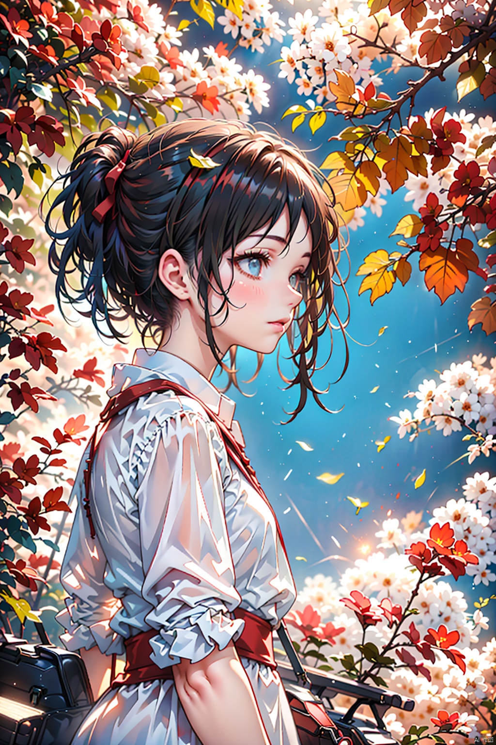  A girl, looking at the sky, the maple trees around her were flaring red. At this time, a strong wind blew through and the branches shook like waves. Red maple leaves flew up from a spin. The flying leaves melted into the sunset light of the sky, dragging out red marks of dancing.