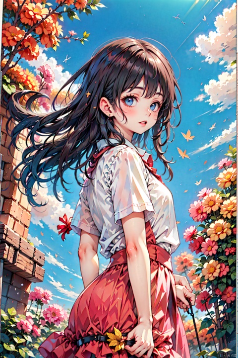  A girl, looking at the sky, the maple trees around her were flaring red. At this time, a strong wind blew through and the branches shook like waves. Red maple leaves flew up from a spin. The flying leaves melted into the sunset light of the sky, dragging out red marks of dancing.