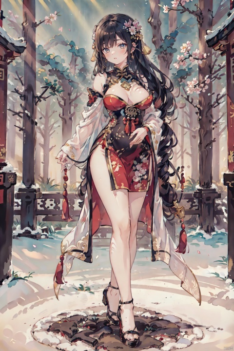  1girl,moyou, dynamic pose,earrings,clothing cutout, tassel, hair ornament, hair over one eye,parted lips,ningguanglp,ningguang_\(genshin_impact\),bare shoulders, blurry, blush, cherry blossoms, china dress, chinese clothes, claw ring, closed mouth, dress, frilled sleeves, frills, fur collar, hair ornament, hair stick, hairpin, holding, large breasts, long hair,red lips,(red eyes:1.3),white hair,very long hair,hair ornament,hairpin,bangs,red tassel, sidelocks, smile, solo, tassel, thighs, tree, masterpiece,high resolution,1girl,hanfu, Chinese Traditional cloth,ultra-detailed, female focus,(chinese style:1.2),extreme detailed,gufeng, gradient,breasts,solo, mature female, (wide hips), collarbone, pelvic curtain, detached sleeves, ,makeup,jewelry,eyeshadow, looking at viewer, bangs, ,earrings,breast curtain,long sleeves, tassel, gold trim, (highest detailed hair,hair ribbon, headband,long hair), ,scenery,chinese architecture,light particles, light rays , perfect lighting, athletic,complex artistic composition, stunning colors, bold colors, BY MOONCRYPTOWOW, watercolor, Light master